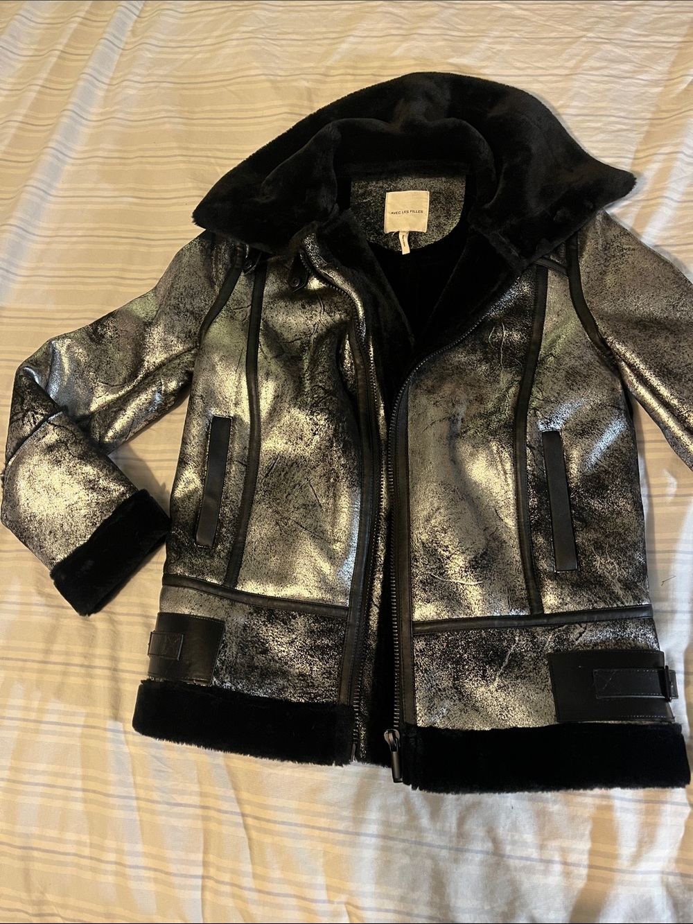 Avec Les Filles Metallic Silver Faux-Shearling Puffer Jacket